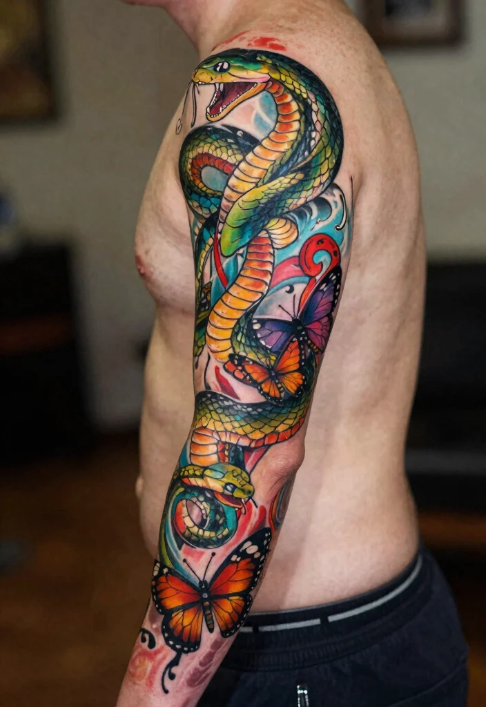 17 Snake and Butterfly Tattoo Ideas: Transformation and Contrast - 7. Bold and Bright Snake and Butterfly Sleeve 1