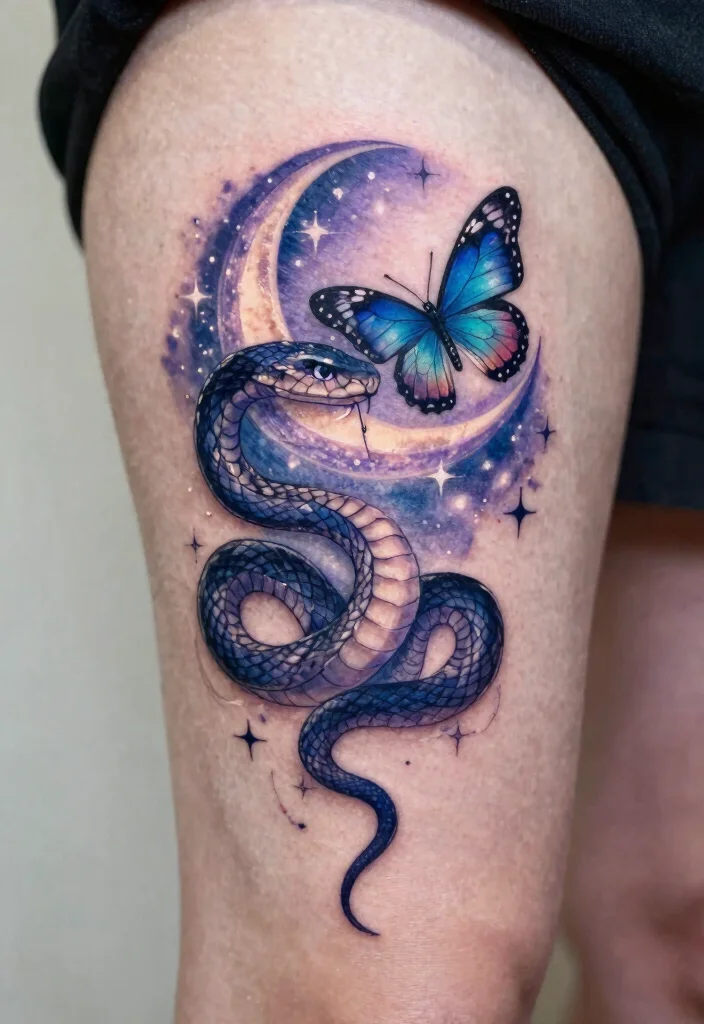 17 Snake and Butterfly Tattoo Ideas: Transformation and Contrast - 9. Dreamy Moonlit Snake and Butterfly 1