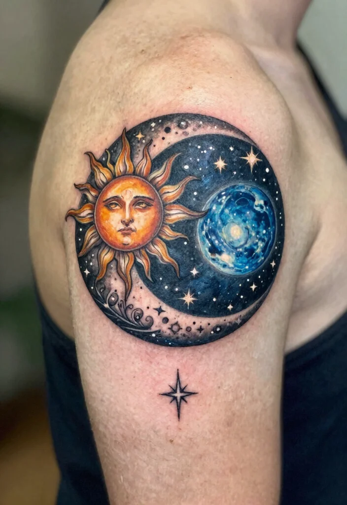 17 Sun and Moon Tattoo Ideas Balance Energy and Meaning - 11. Celestial Sun and Moon 1