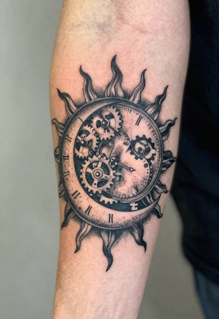 17 Sun and Moon Tattoo Ideas Balance Energy and Meaning - 12. Clockwork Sun and Moon 1
