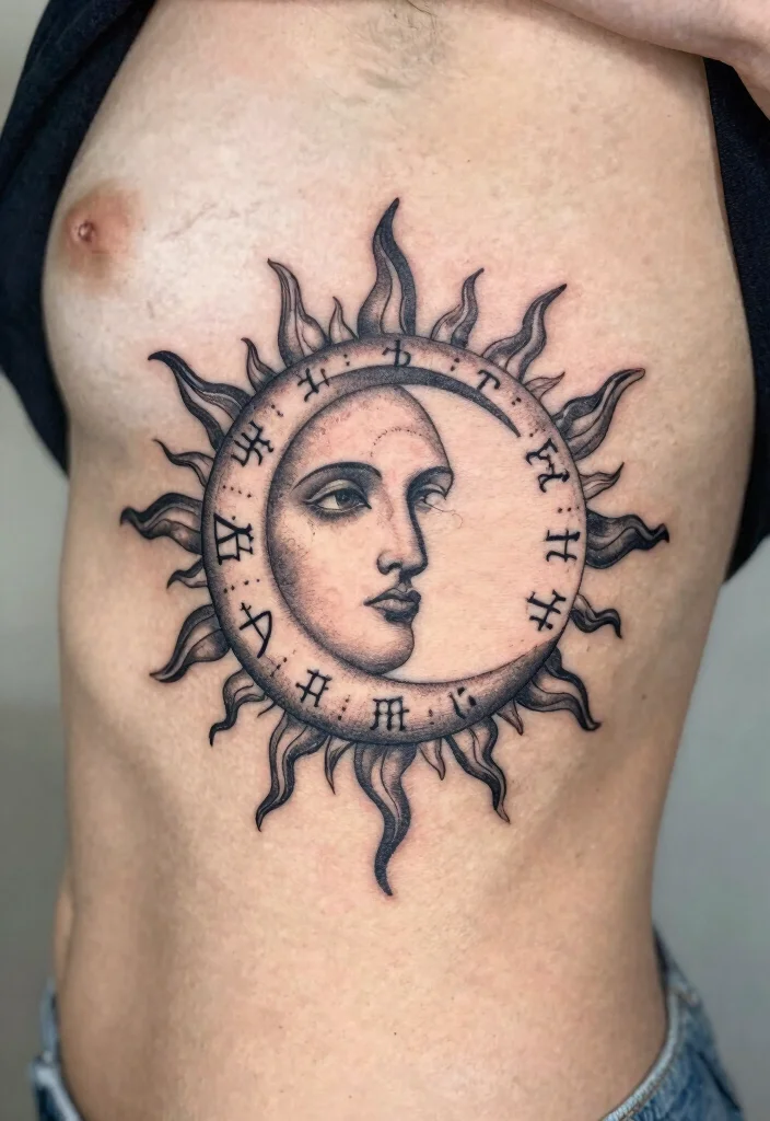 17 Sun and Moon Tattoo Ideas Balance Energy and Meaning - 14. Zodiac Sun and Moon 1