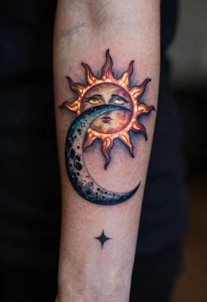 17 Sun and Moon Tattoo Ideas Balance Energy and Meaning - 15. Glow-in-the-Dark Sun and Moon 1