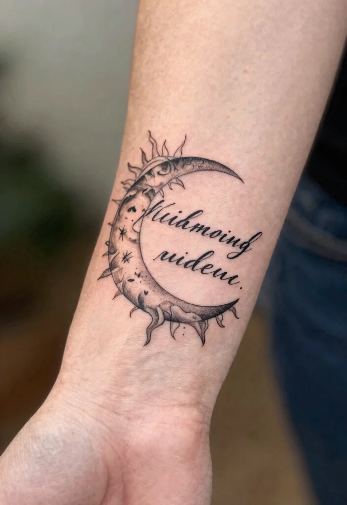 17 Sun and Moon Tattoo Ideas Balance Energy and Meaning - 16. Sun and Moon Script Tattoo 1
