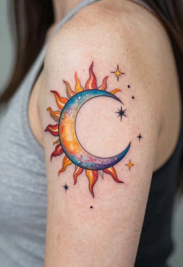 17 Sun and Moon Tattoo Ideas Balance Energy and Meaning - 5. Sun and Moon with Stars 1