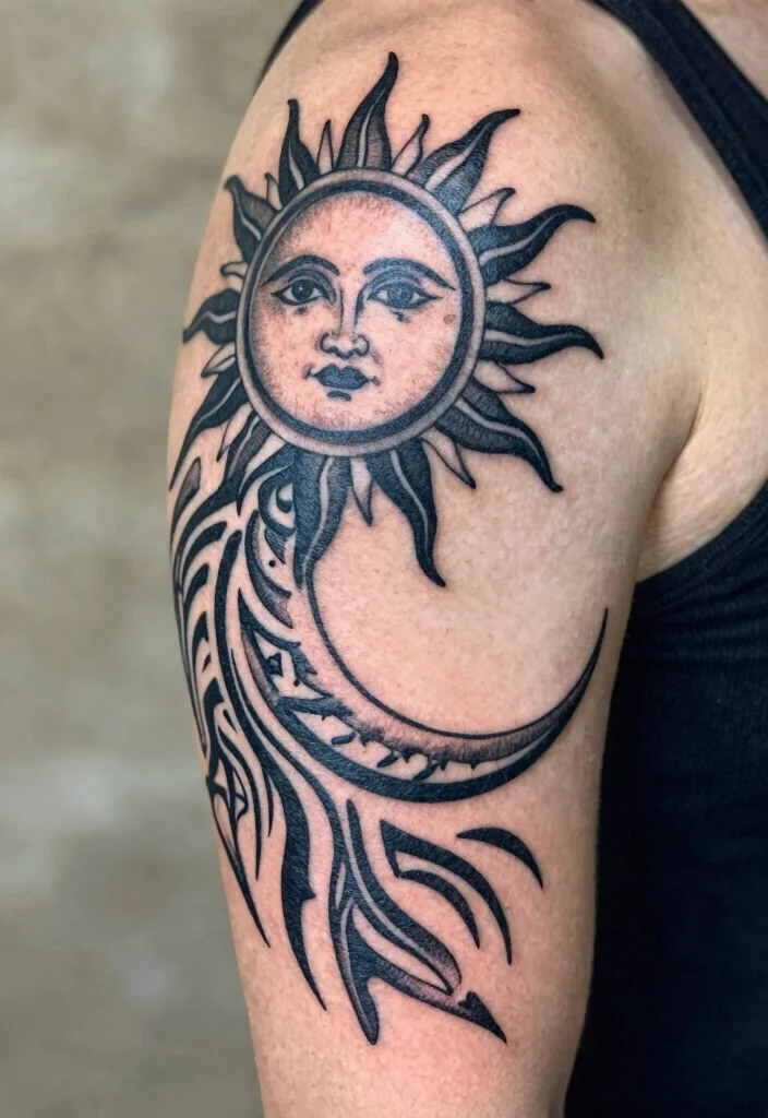 17 Sun and Moon Tattoo Ideas Balance Energy and Meaning - 6. Tribal Sun and Moon 1