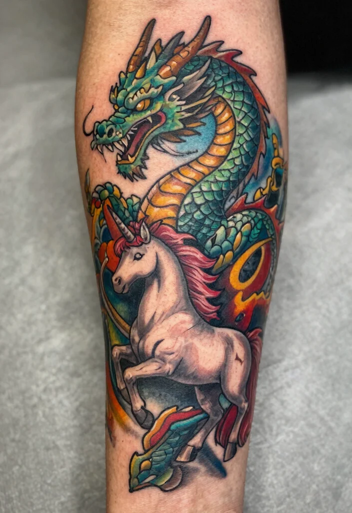 17 Traditional Dragon Tattoo Ideas: Classic, Fierce and Timeless - 13. Dragon with Mythical Creatures 1