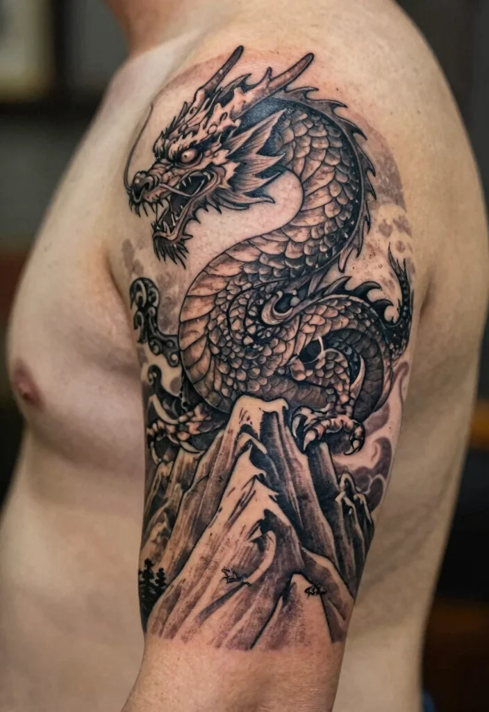 17 Traditional Dragon Tattoo Ideas: Classic, Fierce and Timeless - 14. Dragon on a Mountain 1