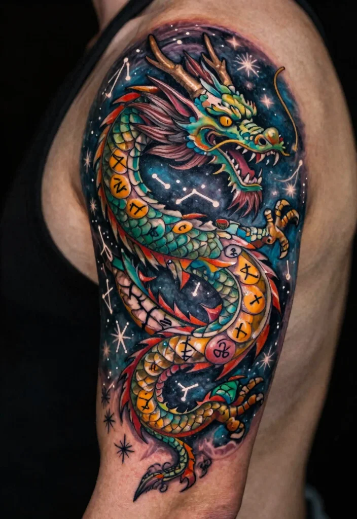 17 Traditional Dragon Tattoo Ideas: Classic, Fierce and Timeless - 16. Celestial Dragon with Zodiac Signs 1