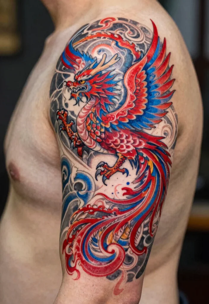 17 Traditional Dragon Tattoo Ideas: Classic, Fierce and Timeless - 4. Dragon and Phoenix Fusion 1