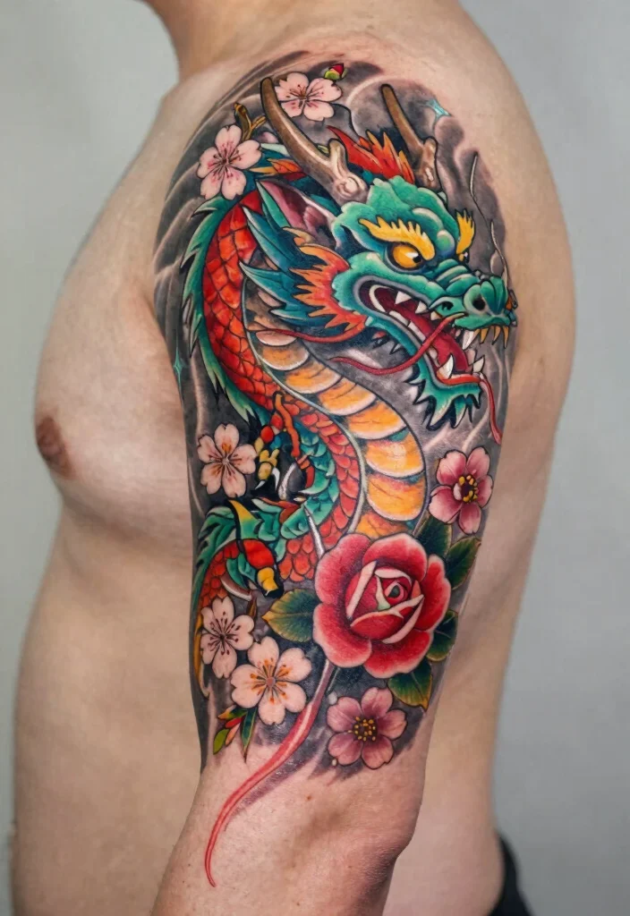 17 Traditional Dragon Tattoo Ideas: Classic, Fierce and Timeless - 7. Dragon with Flowers 1