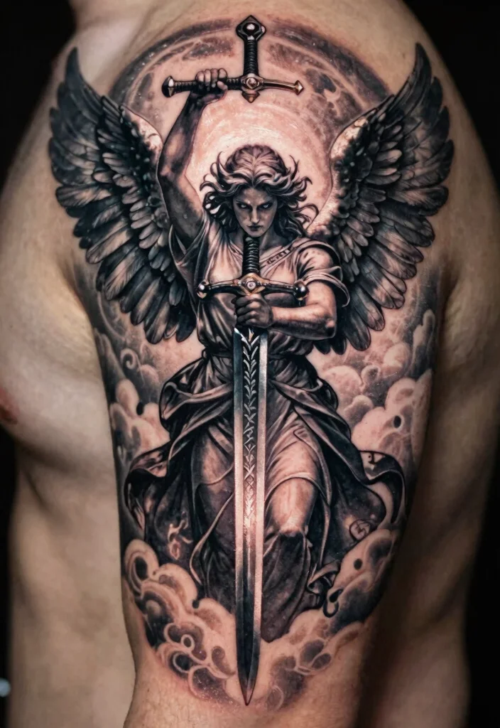18 Angel Warrior Tattoo Ideas: Fierce, Protective, and Epic - 1. Guardian Angel with Sword 1