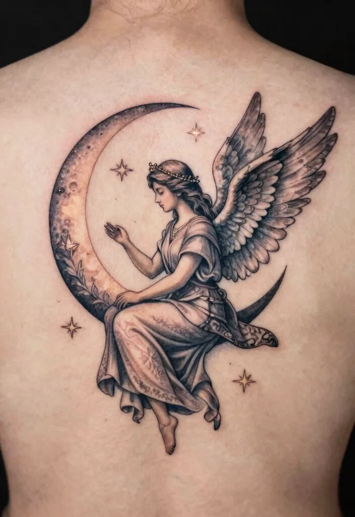 18 Angel Warrior Tattoo Ideas: Fierce, Protective, and Epic - 10. Angel Warrior with Crescent Moon 1