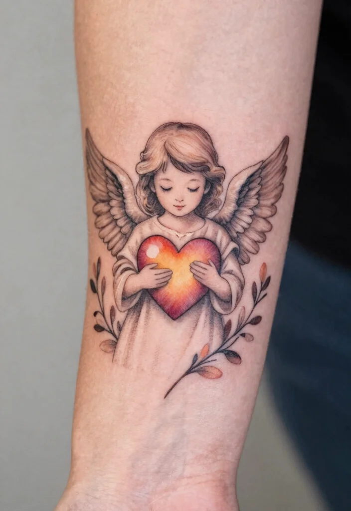 18 Angel Warrior Tattoo Ideas: Fierce, Protective, and Epic - 12. Angel with Heart Symbol 1