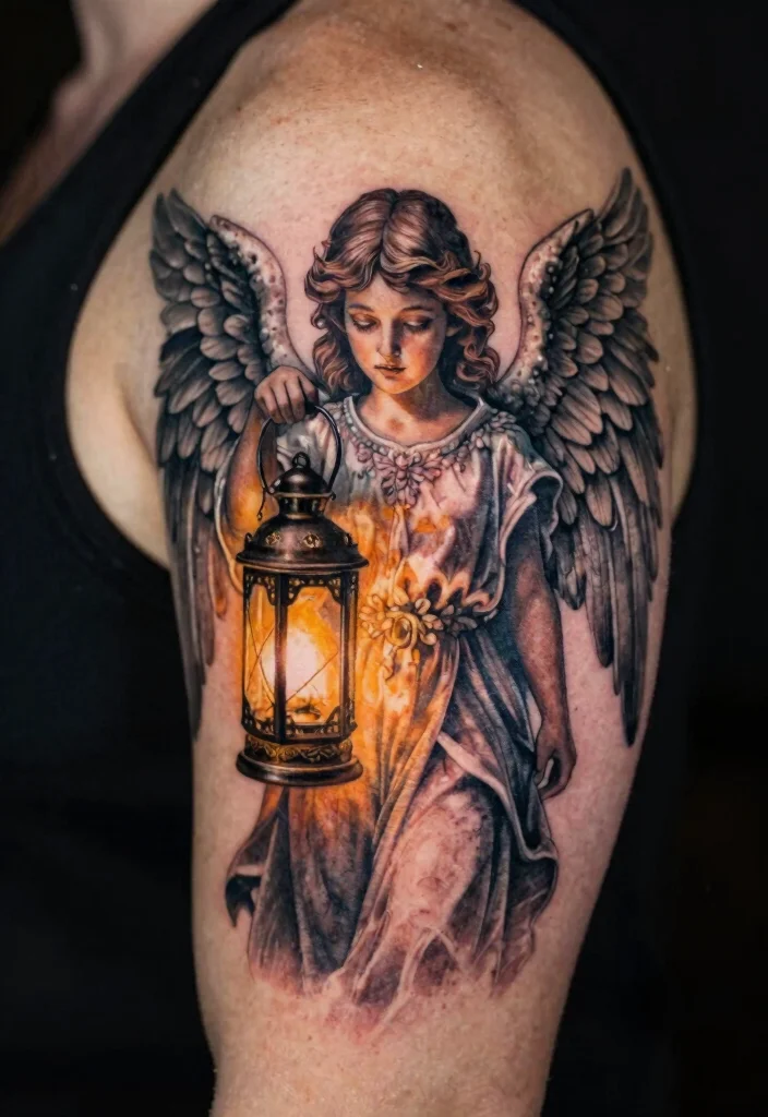 18 Angel Warrior Tattoo Ideas: Fierce, Protective, and Epic - 15. Angel Holding a Lantern 1
