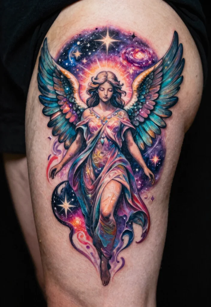 18 Angel Warrior Tattoo Ideas: Fierce, Protective, and Epic - 17. Ethereal Angel with Cosmic Elements 1