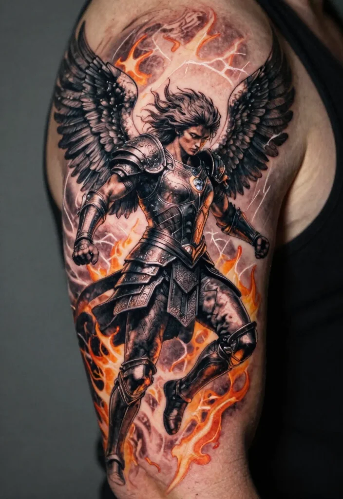 18 Angel Warrior Tattoo Ideas: Fierce, Protective, and Epic - 2. Angel Warrior in Battle Pose 1