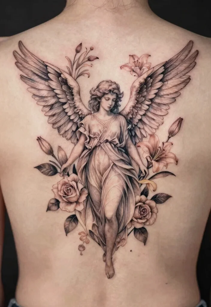 18 Angel Warrior Tattoo Ideas: Fierce, Protective, and Epic - 3. Seraphim with Floral Elements 1