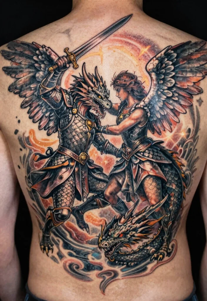 18 Angel Warrior Tattoo Ideas: Fierce, Protective, and Epic - 6. Angel Warrior with Dragon 1