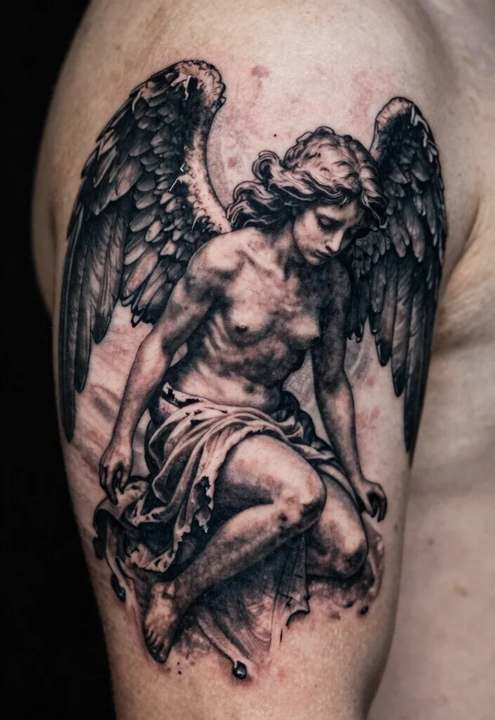 18 Angel Warrior Tattoo Ideas: Fierce, Protective, and Epic - 8. Fallen Angel Tattoo 1