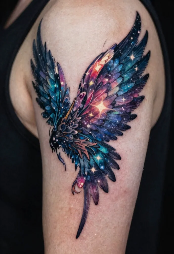 18 Angel Wings Tattoo Stencil Ideas Detailed Symmetrical and Bold - 18. Cosmic Wings 1