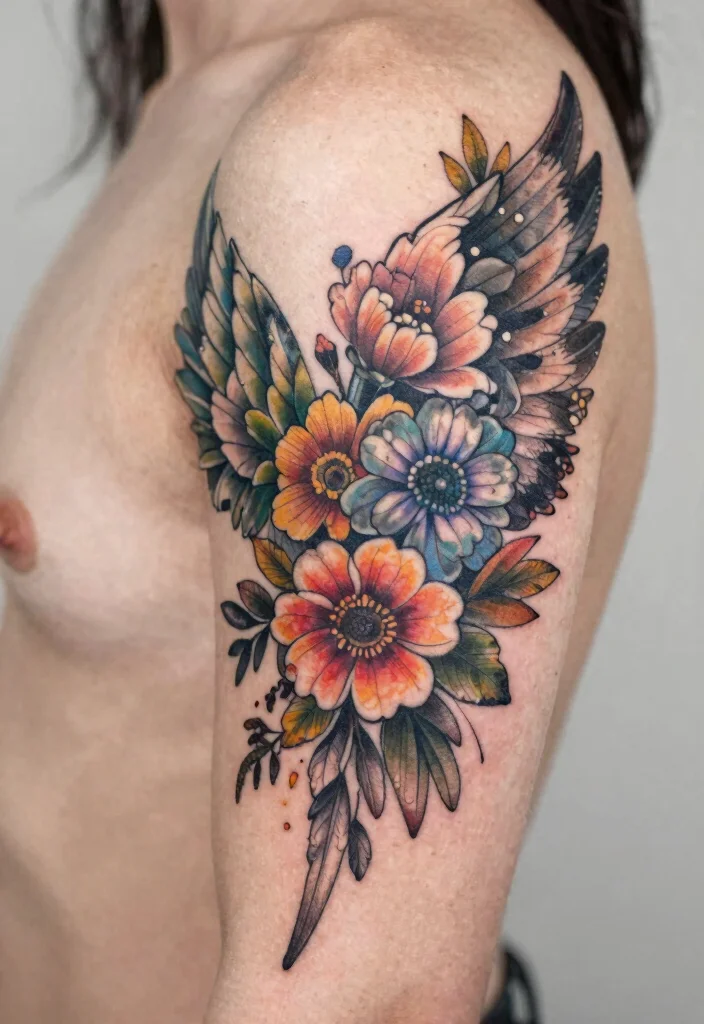 18 Angel Wings Tattoo Stencil Ideas Detailed Symmetrical and Bold - 9. Floral Wings 1