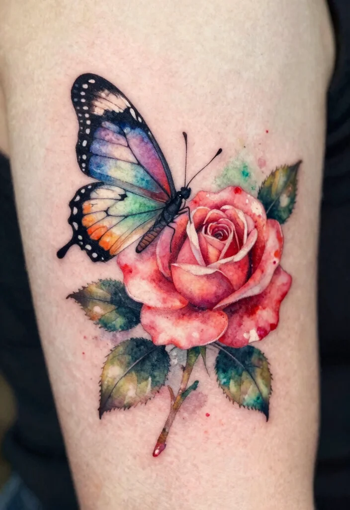 18 Butterfly and Flower Tattoo Ideas Soft Feminine and Meaningful - 1. Butterfly and Rose Fusion 1