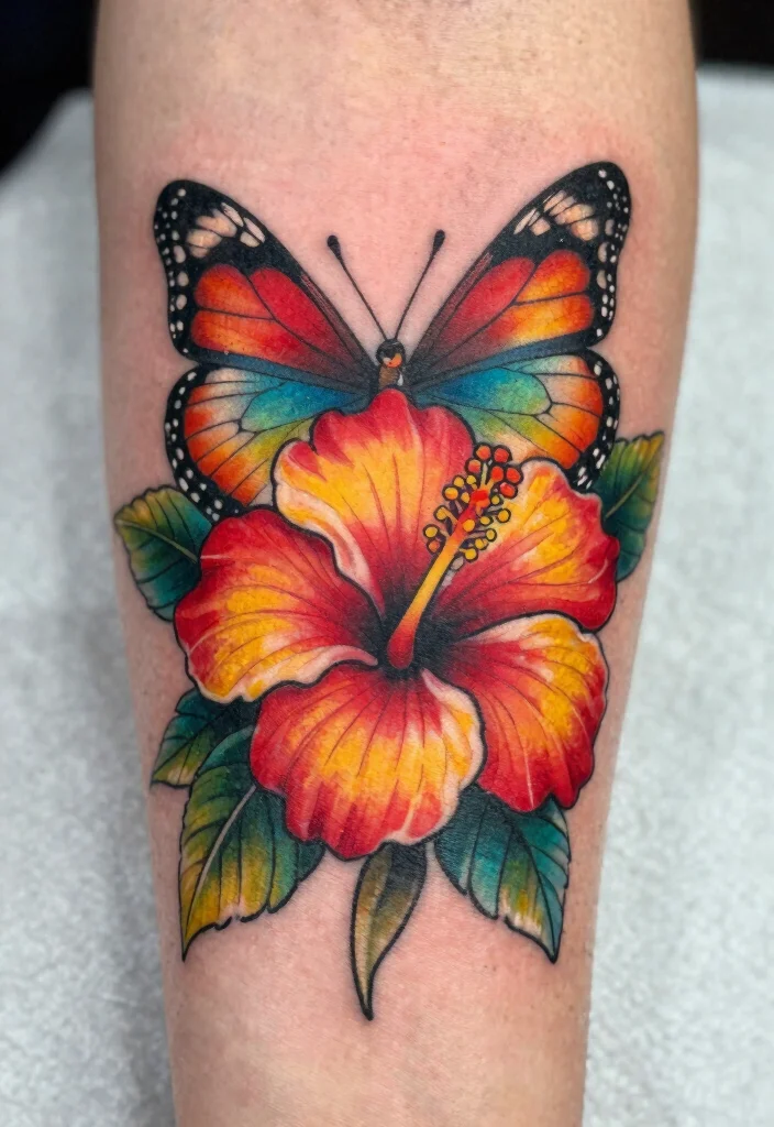 18 Butterfly and Flower Tattoo Ideas Soft Feminine and Meaningful - 10. Butterfly and Hibiscus Blossom 1