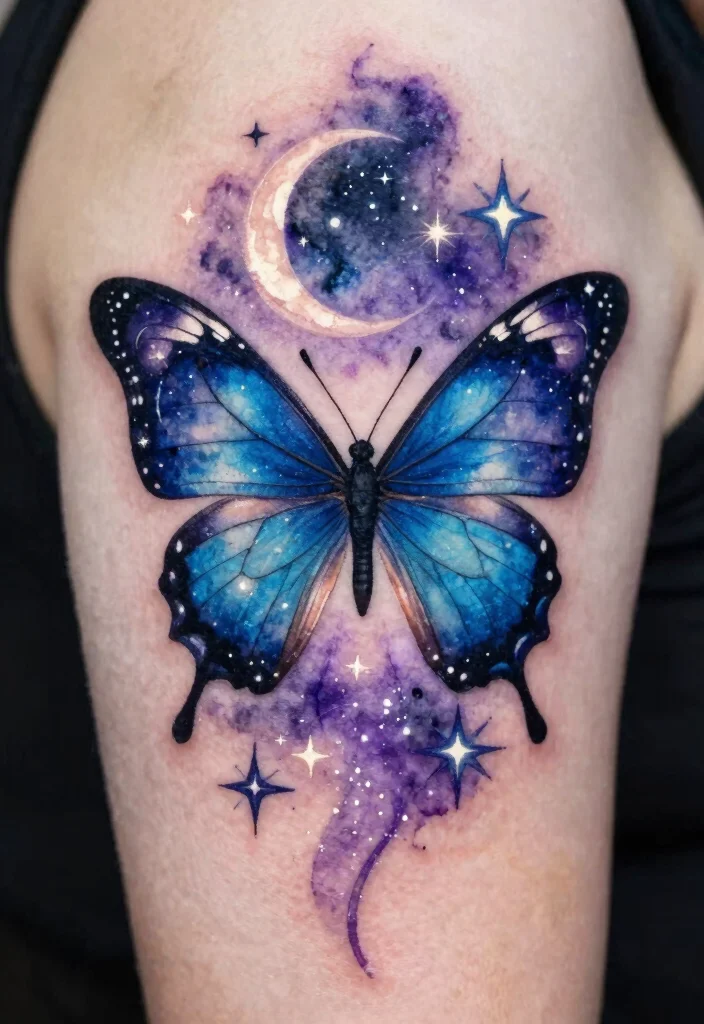 18 Butterfly and Flower Tattoo Ideas Soft Feminine and Meaningful - 11. Celestial Butterfly with Stars 1