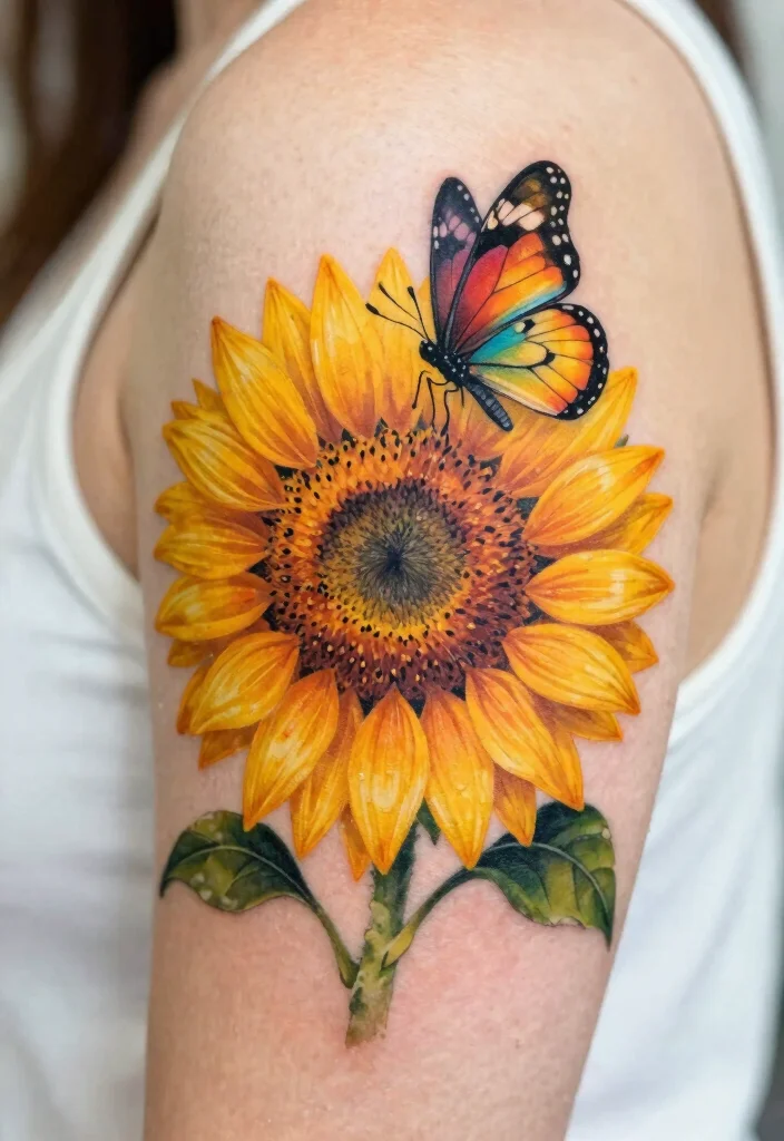 18 Butterfly and Flower Tattoo Ideas Soft Feminine and Meaningful - 13. Butterfly and Sunflower Harmony 1