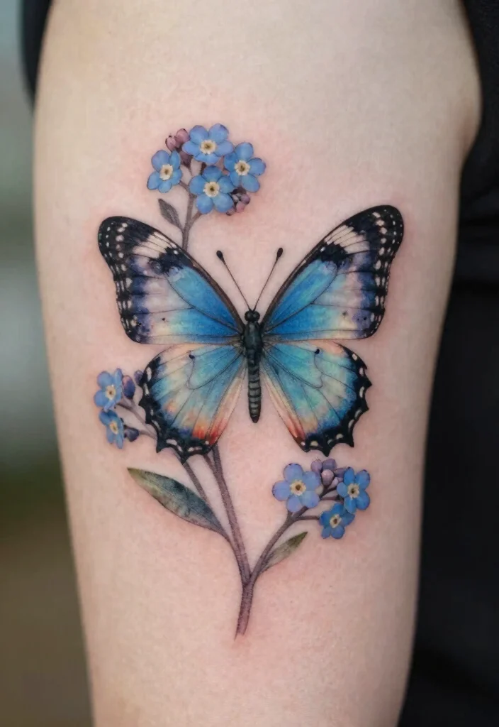 18 Butterfly and Flower Tattoo Ideas Soft Feminine and Meaningful - 15. Butterfly and Forget-Me-Nots 1
