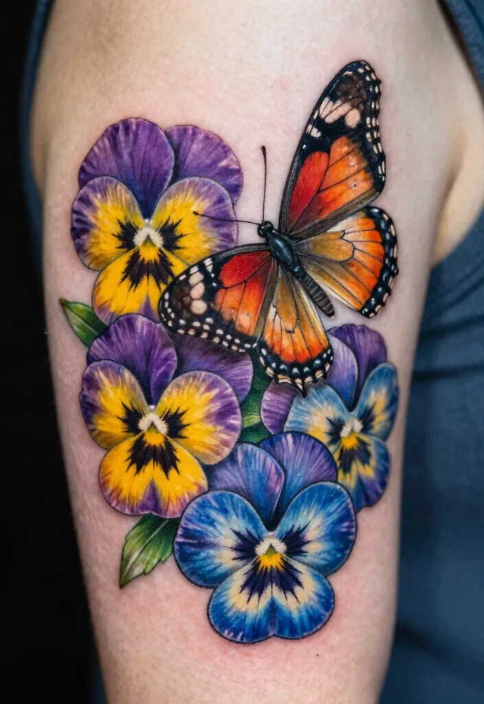 18 Butterfly and Flower Tattoo Ideas Soft Feminine and Meaningful - 16. Butterfly and Pansy Delight 1