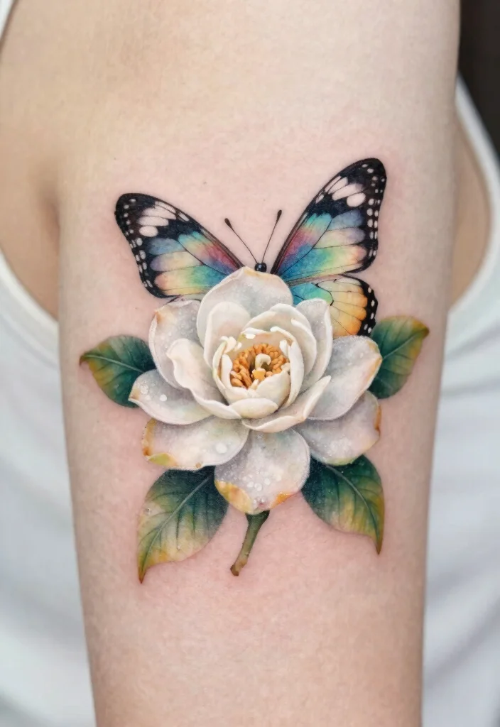 18 Butterfly and Flower Tattoo Ideas Soft Feminine and Meaningful - 17. Butterfly and Gardenia Grace 1