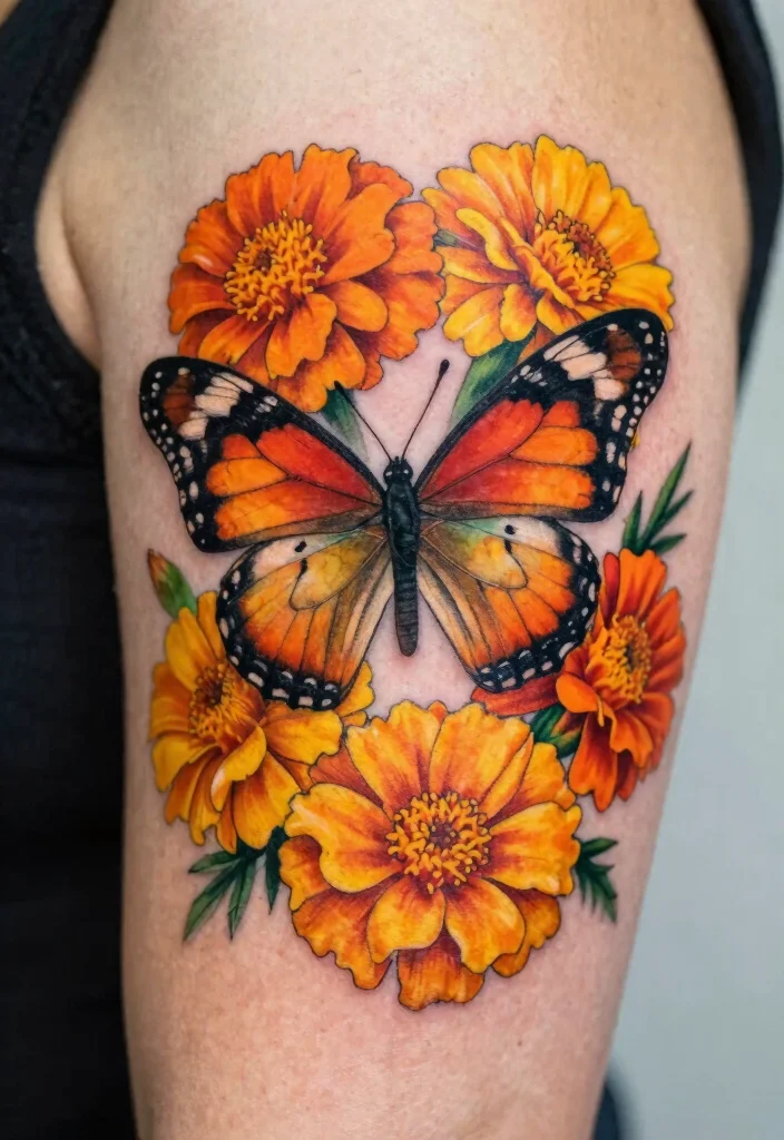 18 Butterfly and Flower Tattoo Ideas Soft Feminine and Meaningful - 18. Butterfly and Marigold Cheer 1