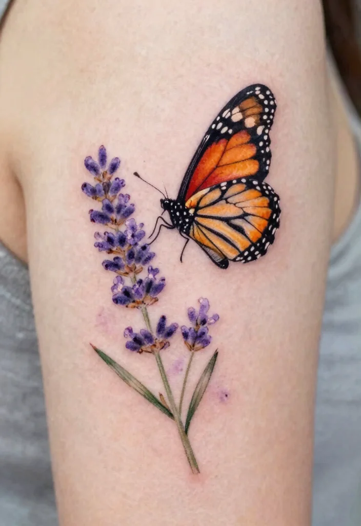 18 Butterfly and Flower Tattoo Ideas Soft Feminine and Meaningful - 2. Monarch Butterfly and Lavender 1