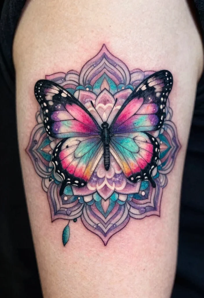 18 Butterfly and Flower Tattoo Ideas Soft Feminine and Meaningful - 3. Delicate Butterfly on Floral Mandala 1