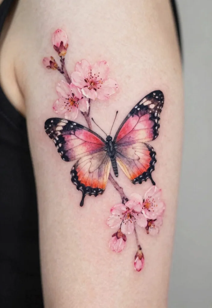 18 Butterfly and Flower Tattoo Ideas Soft Feminine and Meaningful - 4. Watercolor Butterfly with Cherry Blossoms 1
