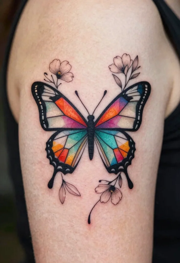18 Butterfly and Flower Tattoo Ideas Soft Feminine and Meaningful - 5. Geometric Butterfly and Flower 1