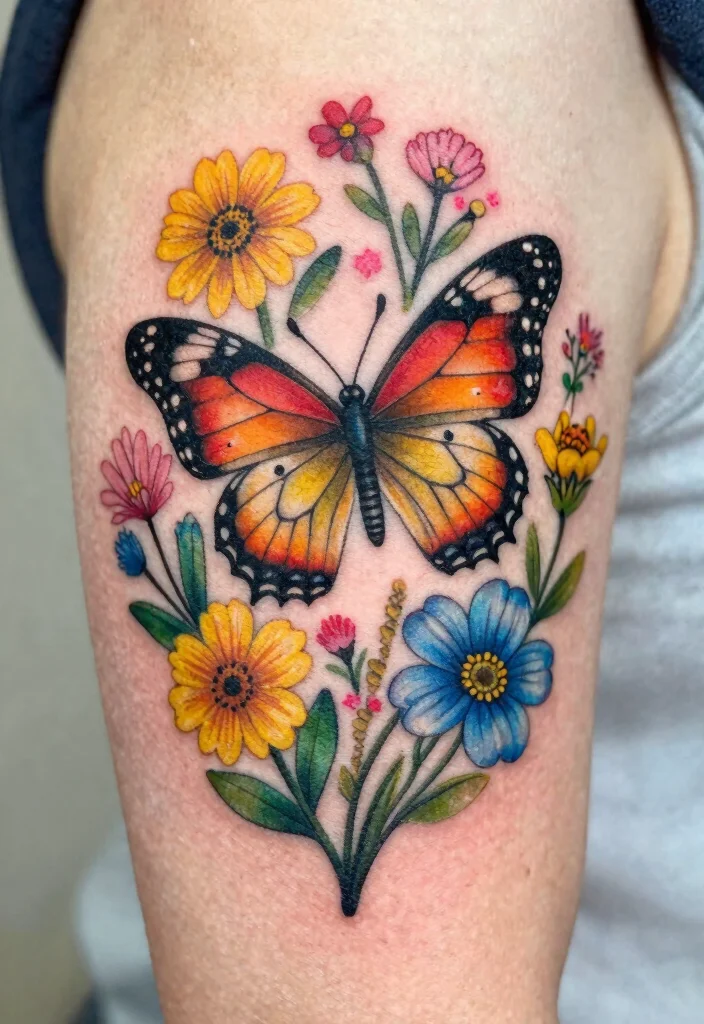 18 Butterfly and Flower Tattoo Ideas Soft Feminine and Meaningful - 6. Butterfly and Wildflowers Medley 1
