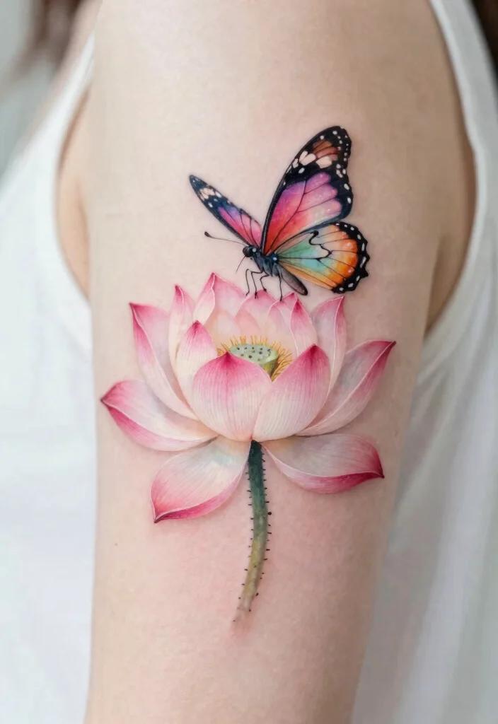 18 Butterfly and Flower Tattoo Ideas Soft Feminine and Meaningful - 7. Peaceful Butterfly with Lotus 1
