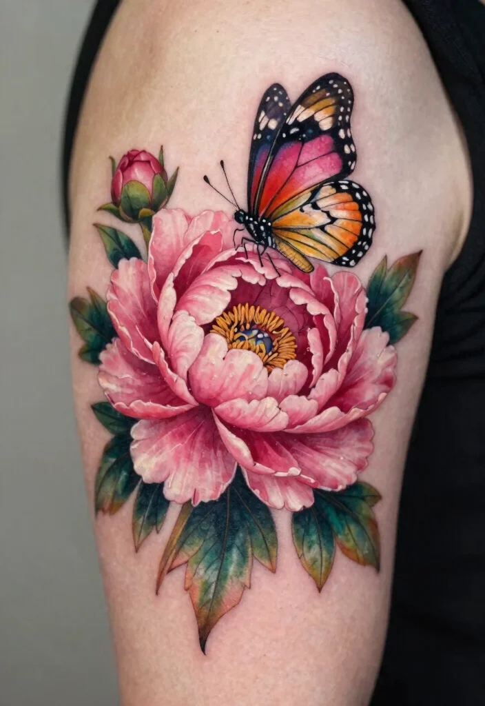 18 Butterfly and Flower Tattoo Ideas Soft Feminine and Meaningful - 8. Elegant Butterfly and Peony 1