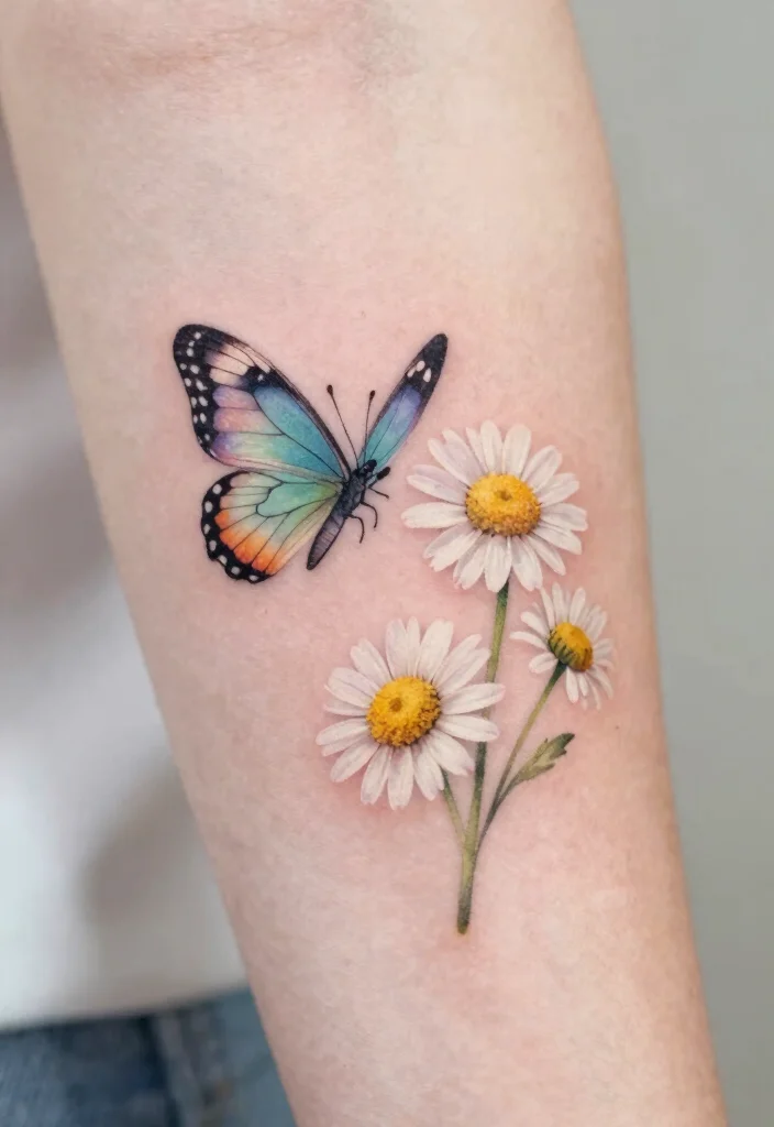 18 Butterfly and Flower Tattoo Ideas Soft Feminine and Meaningful - 9. Small Butterfly and Daisy Combo 1