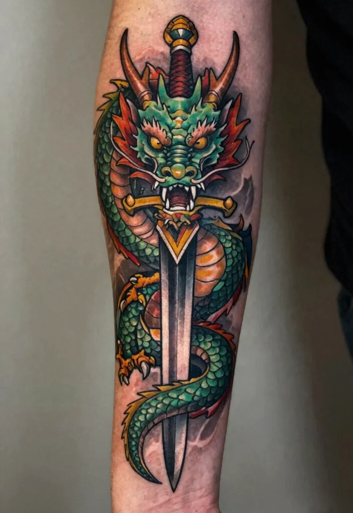 18 Dragon Tattoo Arm Ideas: Bold, Detailed, and Eye-Catching - 13. The Dragon with a Sword 1