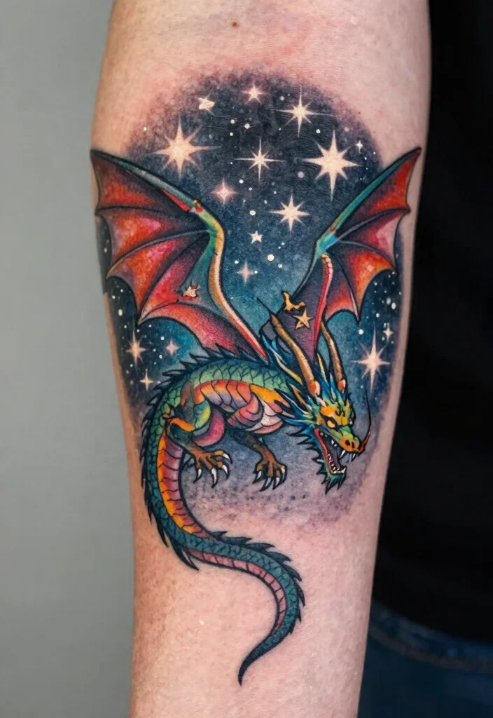 18 Dragon Tattoo Arm Ideas: Bold, Detailed, and Eye-Catching - 17. The Dragon and Stars Design 1