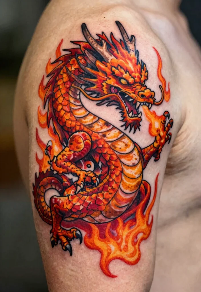 18 Dragon Tattoo Arm Ideas: Bold, Detailed, and Eye-Catching - 3. The Fierce Fire Dragon 1