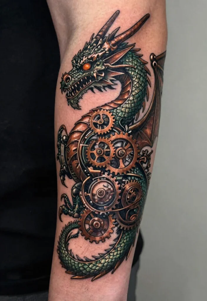 18 Dragon Tattoo Arm Ideas: Bold, Detailed, and Eye-Catching - 5. The Steampunk Dragon 1