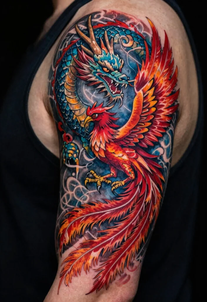 18 Dragon Tattoo Arm Ideas: Bold, Detailed, and Eye-Catching - 8. The Mythical Dragon and Phoenix 1