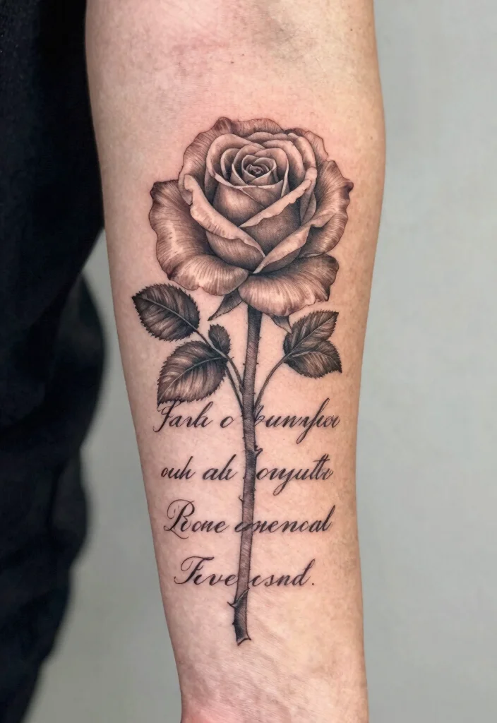 18 Realistic Rose Tattoo Ideas That Look Incredibly Lifelike - 10. Rose with Quote Tattoo 1