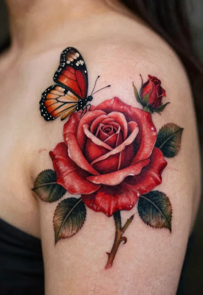 18 Realistic Rose Tattoo Ideas That Look Incredibly Lifelike - 11. Red Rose with Butterfly 1