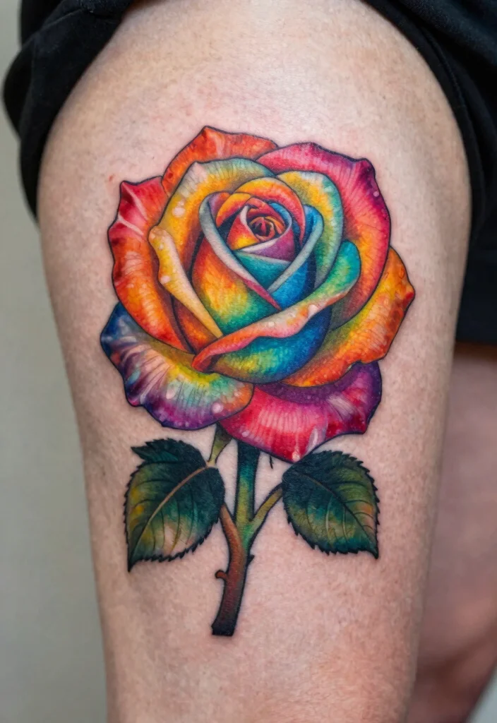 18 Realistic Rose Tattoo Ideas That Look Incredibly Lifelike - 14. Rainbow Rose Tattoo 1