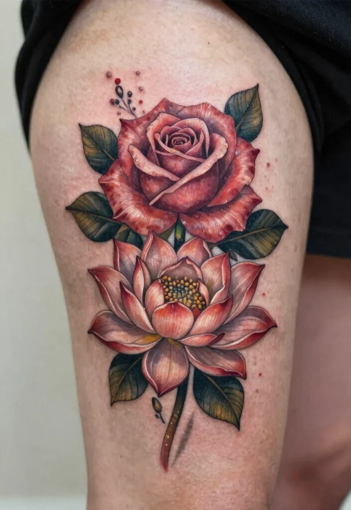18 Realistic Rose Tattoo Ideas That Look Incredibly Lifelike - 17. Rose with Lotus Flower 1